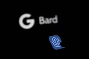 a close up of a cell phone screen with the g bard logo in the background